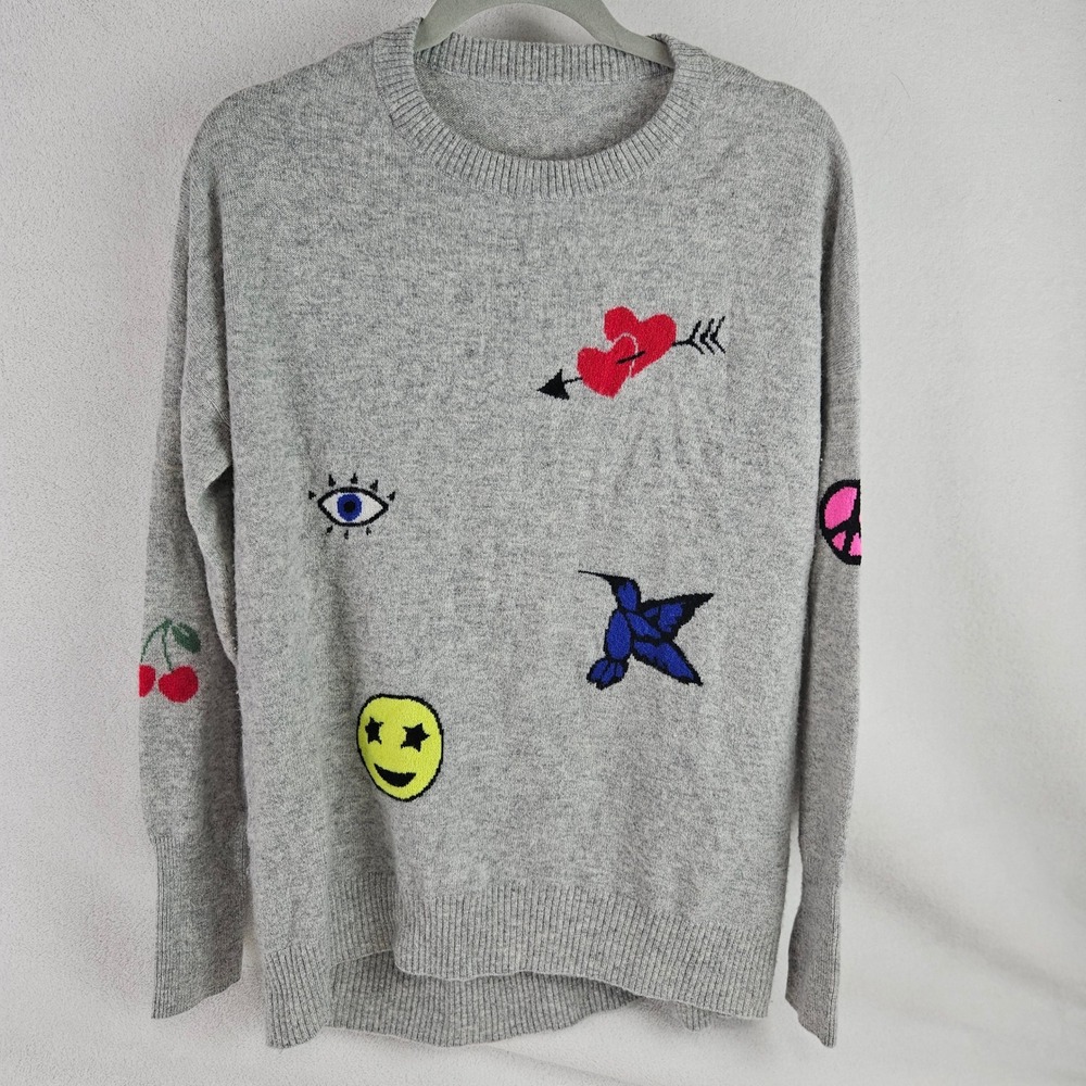 Aqua Gray Cashmere Patch Emoji Intarsia Sweater Jk56e13296 Womens